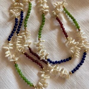 Gorgeous pearl and gemstone long beaded necklace with gold spacers Gift Box